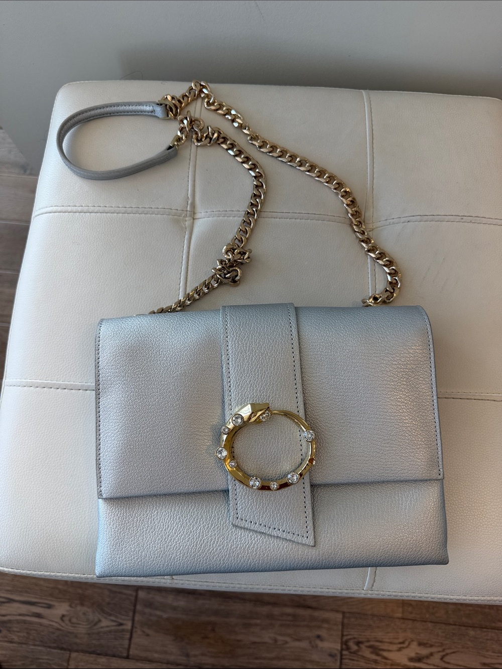 Cavalli Class Silver Leather Shoulder Bag with Gold Ring